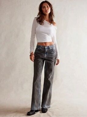 Free People Tinsley Baggy High Rise Jeans 90s Grunge Dirty Wash NWT 27 Short